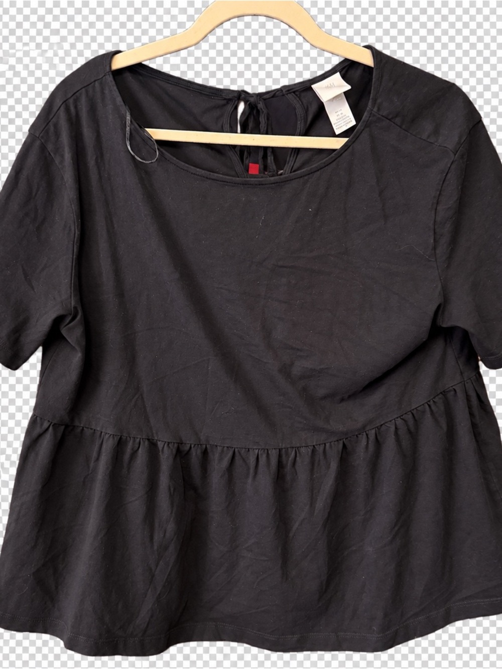 H&M Black Babydoll Peplum Top Size M Tie Back Short Sleeve Cottagecore